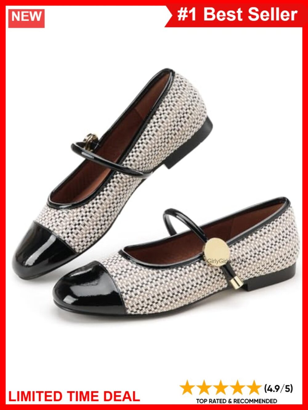 Women's Mary Jane Flats Tweed Cap Toe Ballet Slip On Comfort Office Shoes